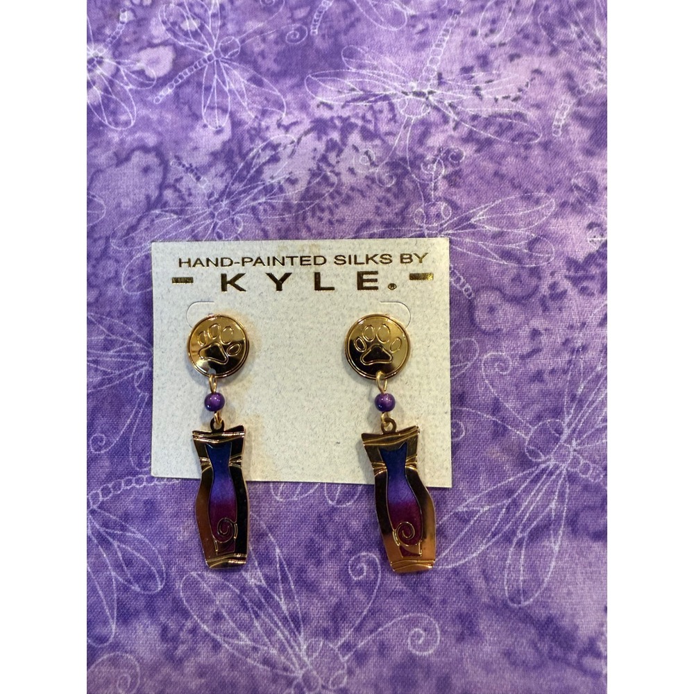 Kyle Womens Drop Earrings Gold Purple Hand Painted Silk Cat Paw 23K Plate NEW